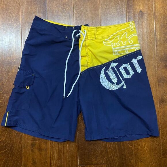 Corona Board Surf Swimming Navy Yellow Polyester Trunks Shorts Men's Size 38 - Picture 3 of 7